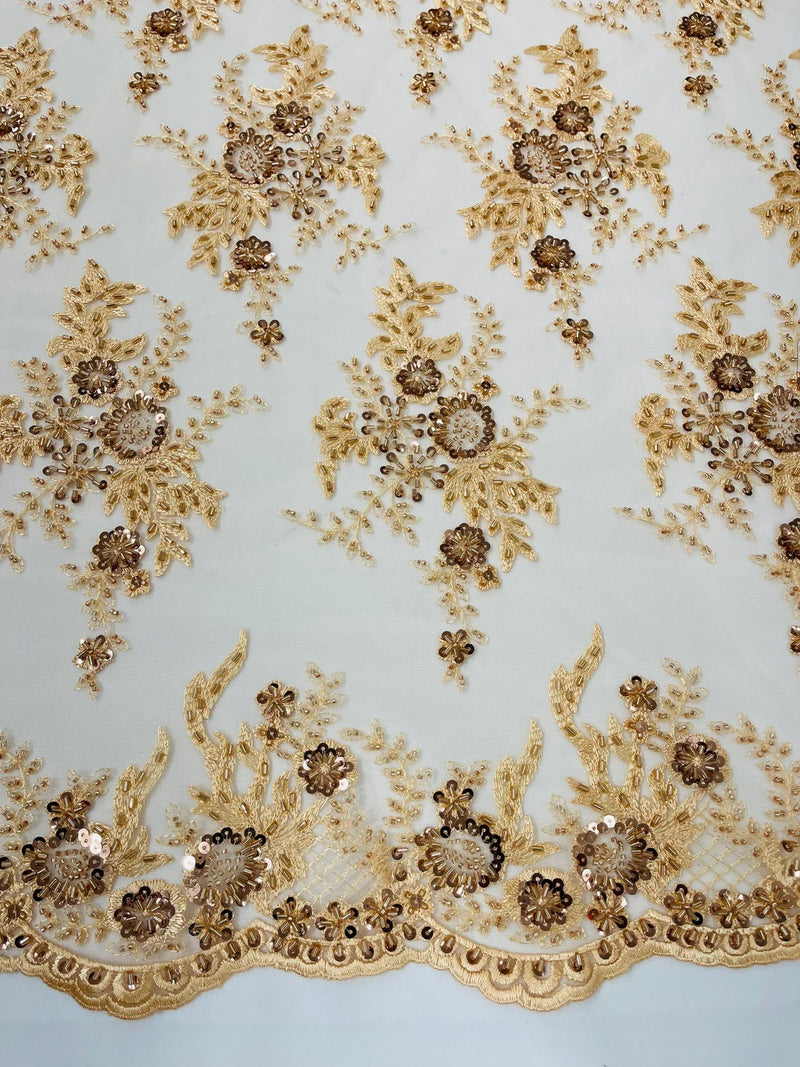 Beaded Sequins Floral Fabric - Champagne - Embroidered Beaded Floral Clusters Sequins Fabric By Yard