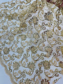 Corded Lace Flower Fabric - Champagne - Floral Design Embroidered Sequins on Mesh Lace Fabric