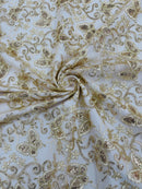 Butterfly Floral Lace Fabric - Champagne - Butterfly Flower Metallic Design on Lace Fabric By Yard
