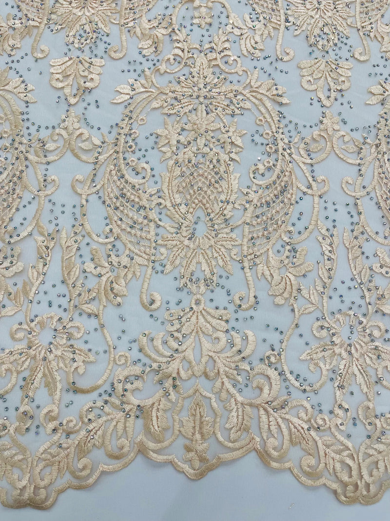 Rhinestone Design Fabric - Champagne - Beaded Damask Design Embroidery Corded Lace  by Yard