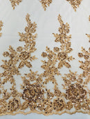 Rose Beaded Sequin Fabric - Champagne - Embroidered Floral Pattern with Beads and Sequins By Yard