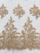 Flower 3D Corded Fabric - Champagne - Lace Mesh Fabric Embroidered Floral Design by Yard