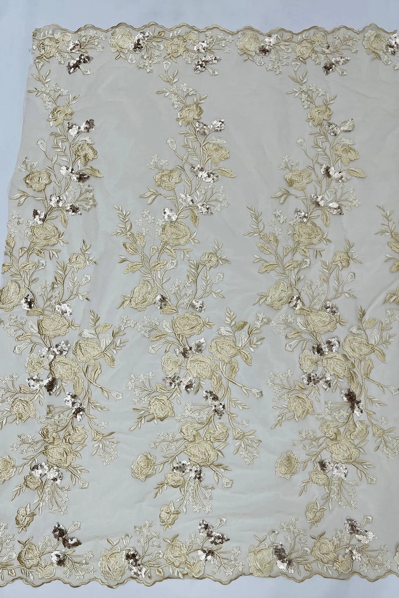 Rose Plant Design Sequins Fabric - Champagne - Embroidered Sequins Rose Pattern on Lace By Yard