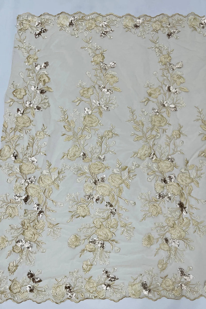 Sequin Roses Rose Plant Design Sequins Fabric - Champagne - Embroidered Sequins Ros