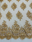 Heavy Bridal Lace Fabric - Champagne - Floral Beaded Heavy Lace Fabric Sold by Yard