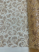 Swirl Design Bead Fabric - Champagne - Beaded Swirl Design with Sequins on Mesh Lace by Yard
