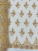 Floral Damask Bead Fabric - Champagne - Embroidered Floral Clusters with Beads / Sequins by Yard