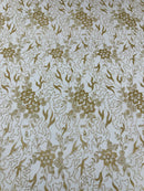 Floral Glitter Design Fabric - Champagne - 3D Glitter Tulle Flower Plant Design Fabric By Yard