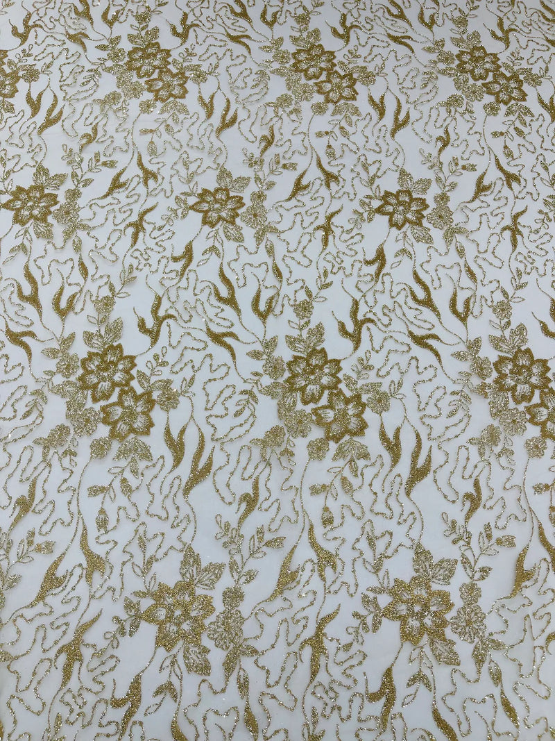 Floral Glitter Design Fabric - Champagne - 3D Glitter Tulle Flower Plant Design Fabric By Yard