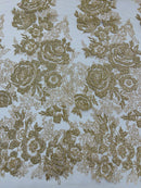 Rose Tulle Glitter Design Fabric - Champagne - 3D Glitter Tulle Rose Plant Design Fabric By Yard