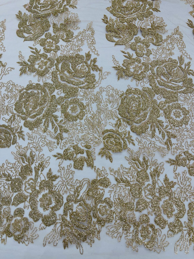 Rose Tulle Glitter Design Fabric - Champagne - 3D Glitter Tulle Rose Plant Design Fabric By Yard