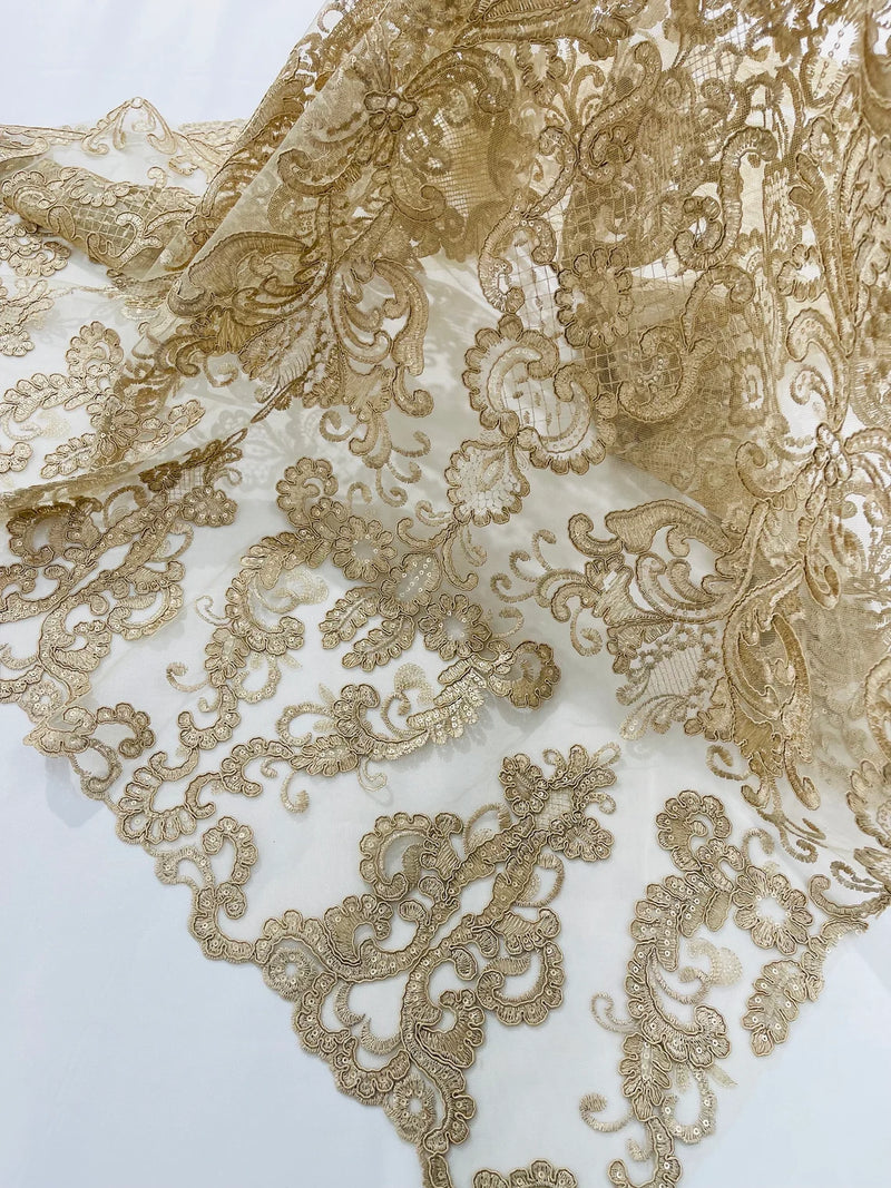 King Lace Design Fabric - Champagne - King Design with Sequins Embroidered On Mesh By Yard