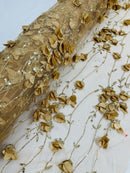 3D Floral Glitter Fabric - Champagne - 3D Sequins and Glitter Floral Design on Mesh Sold By Yard