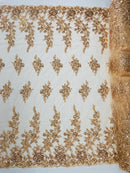 Rose Beaded Sequin Fabric - Champagne - Embroidered Floral Pattern with Beads and Sequins By Yard