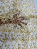 Metallic Floral Butterfly Fabric - Champagne - Embroidered Floral Butterfly Design Mesh Fabric by Yard