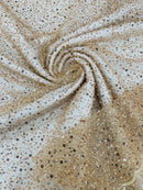 Beaded Mesh 3D Fabric - Champagne - Beaded Lace Mesh Fabric Embroidered with Small Sequins Sold By Yard