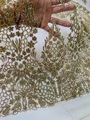 Fancy Rhinestone Glitter Fabric - Champagne - Embroidered Damask Design Glitter Mesh Fabric by Yard