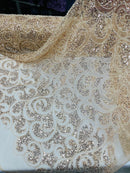 Swirl Design Bead Fabric - Champagne - Beaded Swirl Design with Sequins on Mesh Lace by Yard
