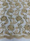 Corded Lace Flower Fabric - Champagne - Floral Design Embroidered Sequins on Mesh Lace Fabric