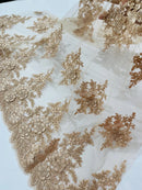 Flower 3D Corded Fabric - Champagne - Lace Mesh Fabric Embroidered Floral Design by Yard