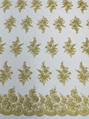 Flower Lace Sequins Fabric - Champagne - Embroidered Floral Pattern Fabric with Sequins on Lace By Yard