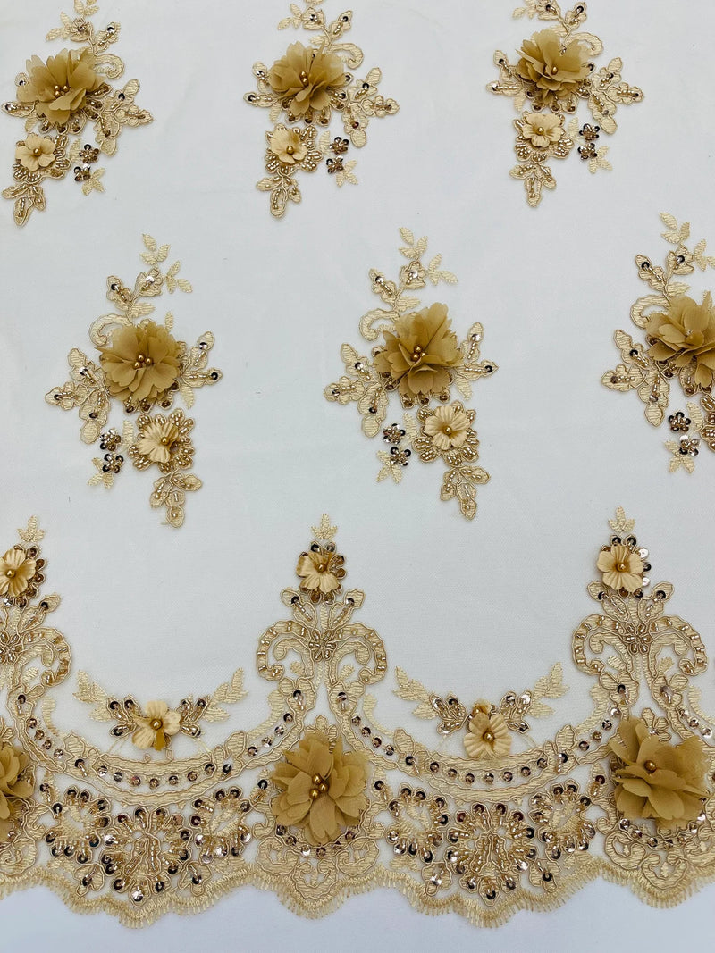 3D Floral Sequins Design - Champagne - Embroidered Floral Lace Fabric With Sequins / Pearls By Yard