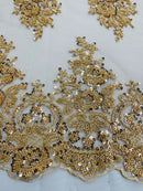 Heavy Bridal Lace Fabric - Champagne - Floral Beaded Heavy Lace Fabric Sold by Yard