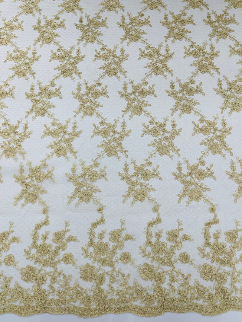 Floral Cluster Corded Fabric - Champagne - Fancy Flower Embroidery Lace Mesh Fabric By Yard