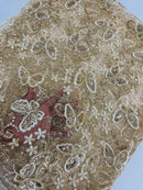 Butterfly Floral Lace Fabric - Champagne - Butterfly Flower Metallic Design on Lace Fabric By Yard