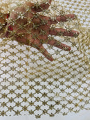 Diamond Design Glitter Fabric - Champagne - Triangle Shiny Glitter Mesh with Flower Decor by Yard