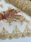 Floral Damask Bead Fabric - Champagne - Embroidered Floral Clusters with Beads / Sequins by Yard