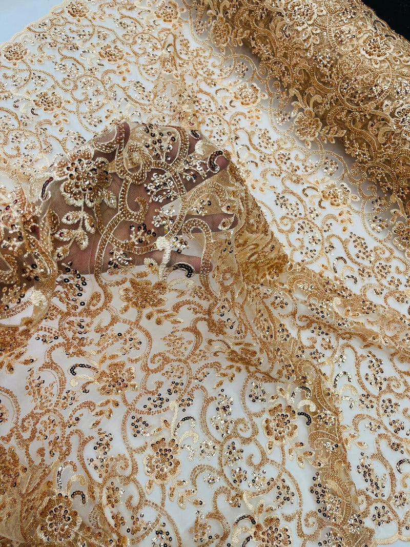 Embroidery Beaded Fabric - Champagne - Beaded Floral Bridal Embroidery Fabric Sold by the yard