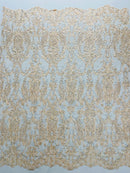 Rhinestone Design Fabric - Champagne - Beaded Damask Design Embroidery Corded Lace  by Yard