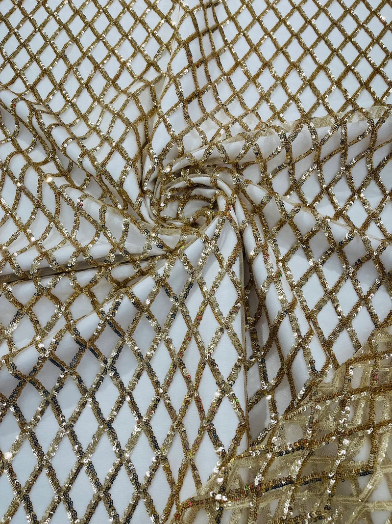 Diamond Net Sequins Fabric - Champagne - Geometric Diamond Net Design on Mesh Lace Fabric By Yard