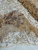 Floral Leaf Bead Fabric - Champagne - Leaf Design Shiny Beads and Sequins on Lace Mesh by Yard