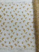 3D Butterfly Sequins Bead Fabric - Gold - Sequins Embroidered Beaded Fabric By Yard