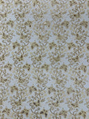 Butterfly Floral Lace Fabric - Champagne - Butterfly Flower Metallic Design on Lace Fabric By Yard