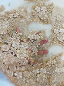 Flower 3D Corded Fabric - Champagne - Lace Mesh Fabric Embroidered Floral Design by Yard