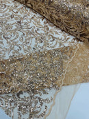 Floral Leaf Bead Fabric - Champagne - Leaf Design Shiny Beads and Sequins on Lace Mesh by Yard