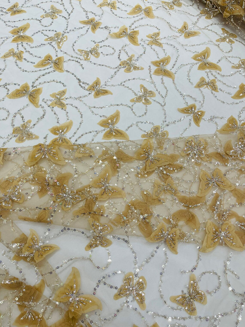 3D Butterfly Sequins Bead Fabric - Gold - Sequins Embroidered Beaded Fabric By Yard