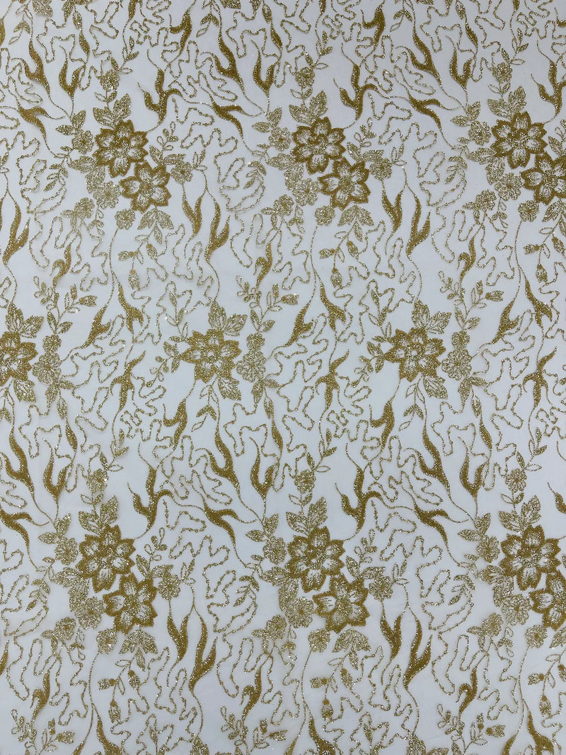 Floral Glitter Design Fabric - Champagne - 3D Glitter Tulle Flower Plant Design Fabric By Yard