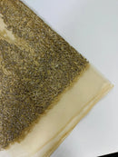 Fancy Rhinestone Glitter Fabric - Champagne - Embroidered Damask Design Glitter Mesh Fabric by Yard