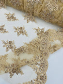 Floral Damask Bead Fabric - Champagne - Embroidered Floral Clusters with Beads / Sequins by Yard