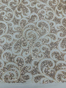 Swirl Design Bead Fabric - Champagne - Beaded Swirl Design with Sequins on Mesh Lace by Yard