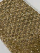 Diamond Design Glitter Fabric - Champagne - Triangle Shiny Glitter Mesh with Flower Decor by Yard