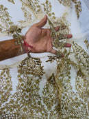 Fancy Rhinestone Glitter Fabric - Champagne - Embroidered Damask Design Glitter Mesh Fabric by Yard