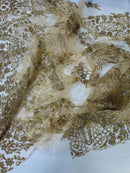 Fancy Rhinestone Glitter Fabric - Champagne - Embroidered Damask Design Glitter Mesh Fabric by Yard