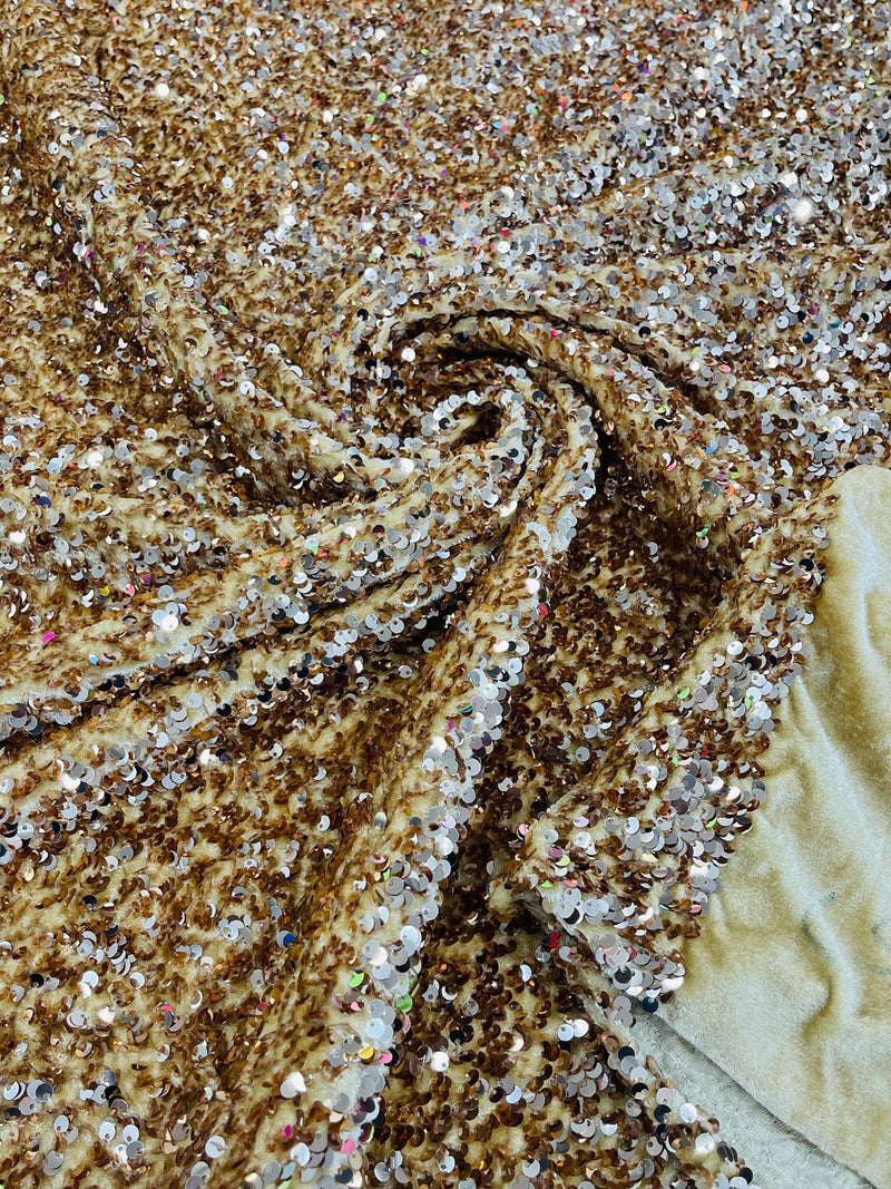 58/60" Velvet Sequins Stretch Fabric - Champagne - Velvet Sequins 2 Way Stretch Sold By Yard