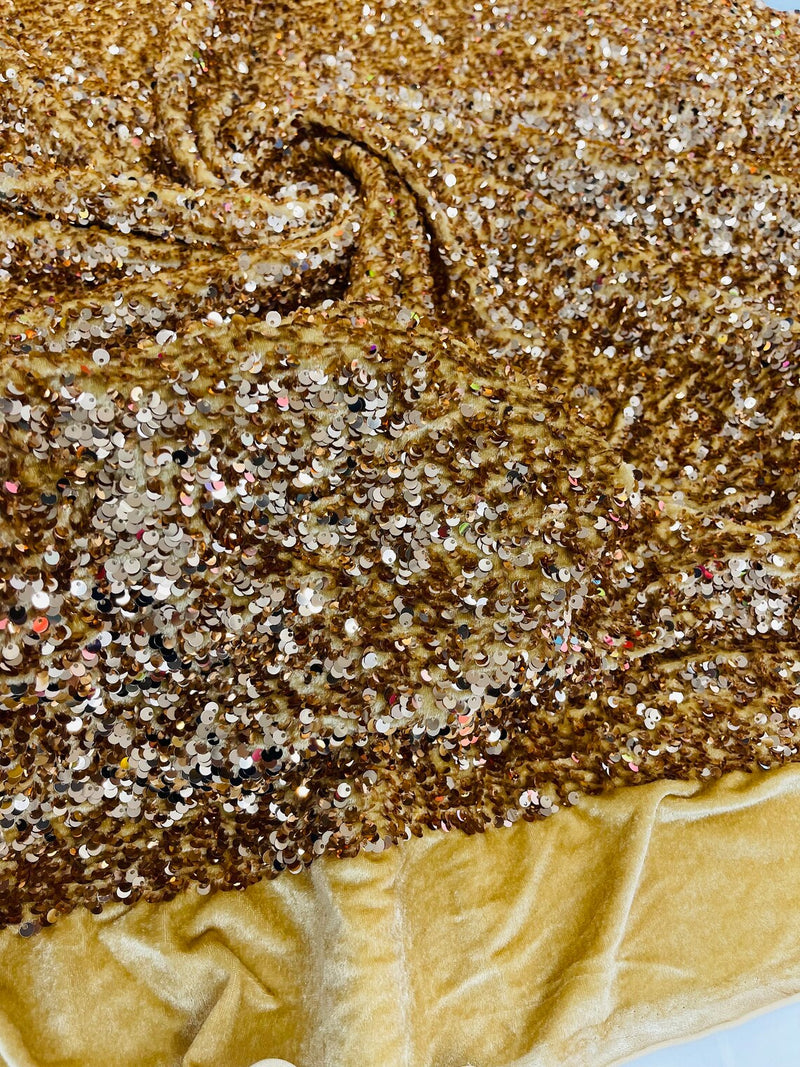 58/60" Velvet Sequins Stretch Fabric - Champagne - Velvet Sequins 2 Way Stretch Sold By Yard