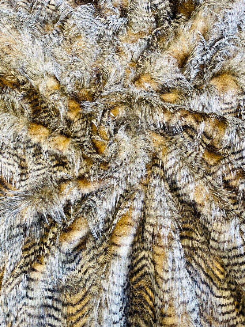 60" Feather Shaggy Faux Fur - Champagne / Brown - Soft Long Pile Thick Faux Fur Fabric By Yard